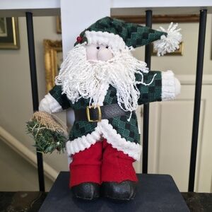 Plush Weighted Santa Figurine Green Buffalo Check Plaid Coat Country Rustic